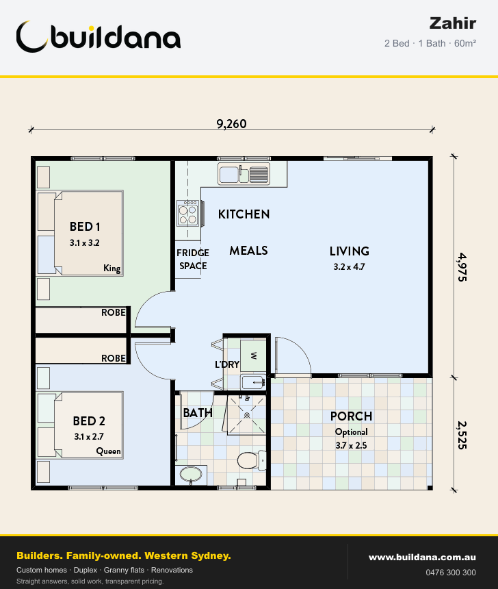 Buildana Zahir 60m² granny flat floor plan — 2 bed, 1 bath