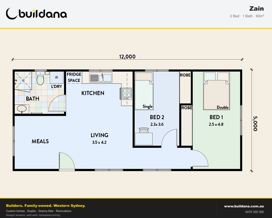 Buildana Zain 60m² granny flat floor plan — 2 bed, 1 bath