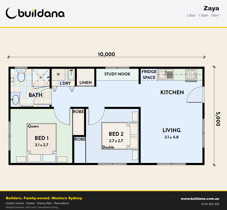 Buildana Zaya 50m² granny flat floor plan — 2 bed, 1 bath
